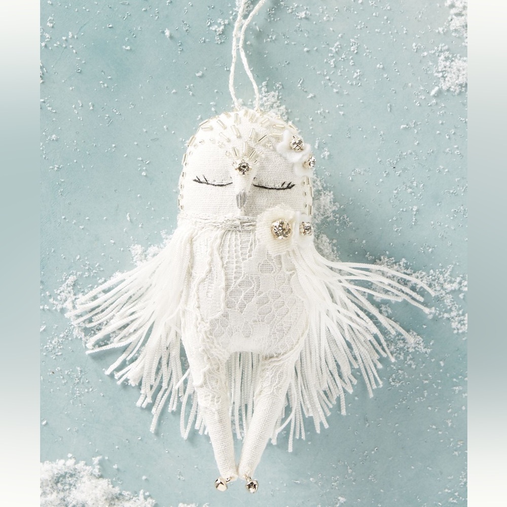 Alice Mary Lynch Anthropologie Forest Soiree Owl White Sequin Christmas Ornament